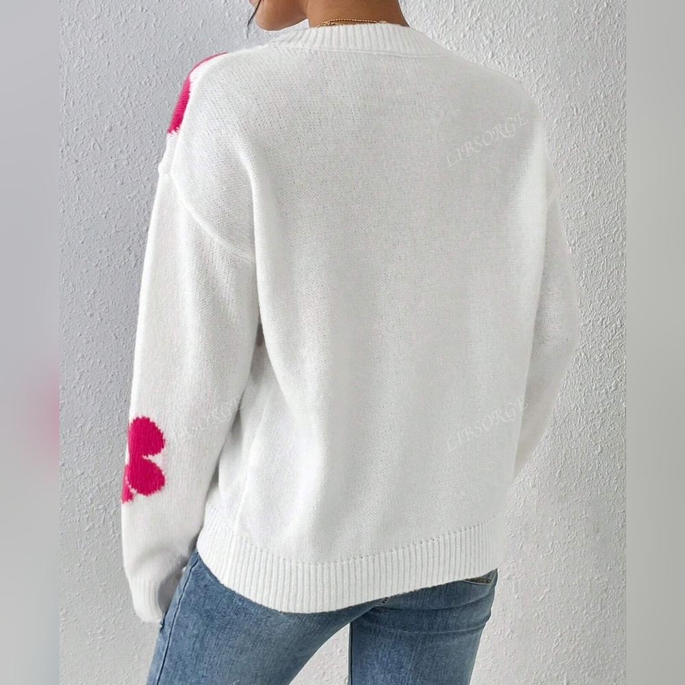 Print Round Neck Drop Shoulder Long Sleeve Casual Loose Pullover Sweater, - Picture 2 of 5